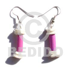 dangling pink wood tube   white rose alt. - Wooden Earrings