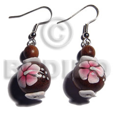 dangling 15mm robles round wood beads  handpainted flower and white rose combination - Wooden Earrings