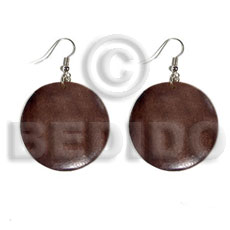 dangling round 32mm nat. wood in brown  clear semi gloss protective topcoat - Wooden Earrings