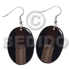 dangling oval 40mmx30mm black resin  wood accent - Wooden Earrings