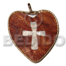 60mm textured heart bayong wood  cross accent in crushed troca  & gold nito pendant trimmings/holder - Wooden Pendant
