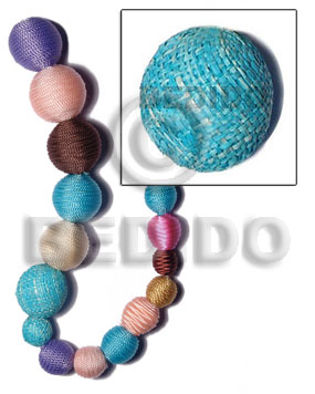 20mm natural white round wood beads wrapped in aqua blue raffia / price per piece - Wrapped Wood Beads