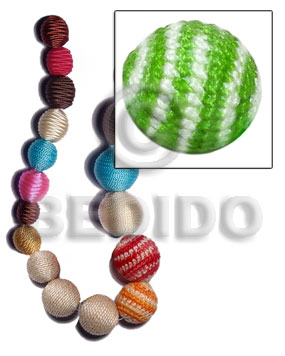 10mm natural white round wood beads wrapped in lime green/white crochet / price per piece - Wrapped Wood Beads