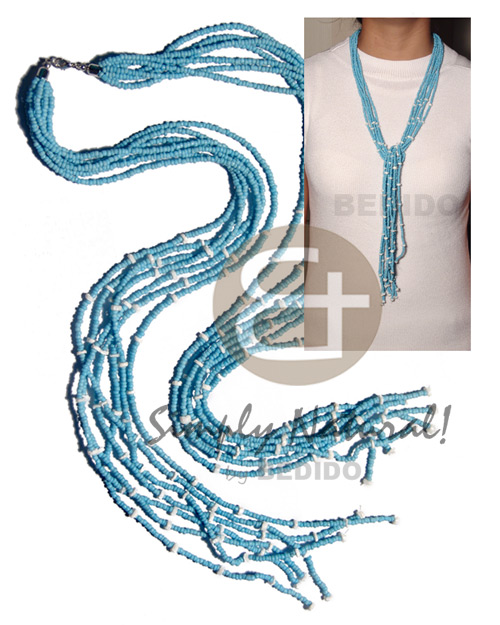 scarf necklace - 7 rows baby blue glass beads  tassled white  clam / 36 in. - Adjustable Necklace