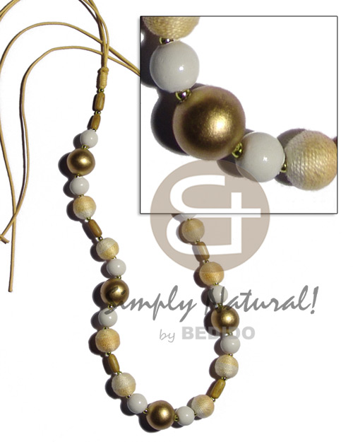 12mm wrapped wood beads w 15mm  round, 10mm buffed bleached and ricebeads wood beads combination in double  golden wax cord/ yellogold tones / 36 in adjustable - Adjustable Necklace