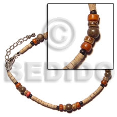 2-3mm coco heishe nat. white  black/orange/tiger  & wood beads combination - Anklets