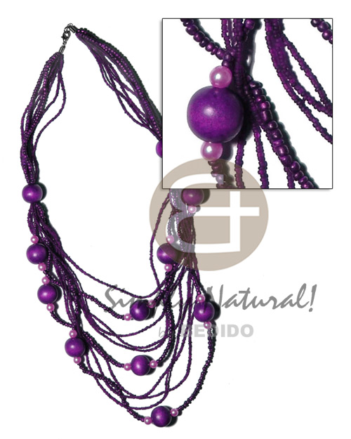 3 rows graduated multilayered 3mm violet glass beads and 2 rows 4mm  glass beads  20mm round wood beads/pearl accent /violet tones / 32 in - Bright & Vivid Color Necklace