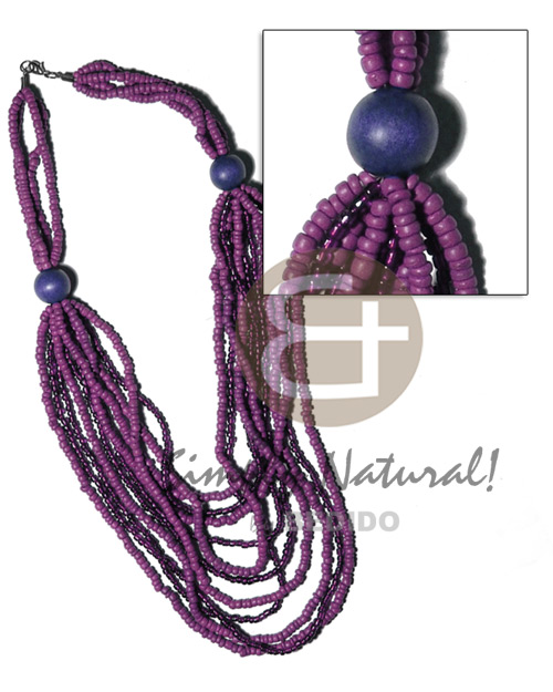 4 rows  graduated multilayered  4-5mm coco Pokalet beads  4 rows 4mm glass beads and  20mm round wood beads accent / violet-blue tones / 32 in - Bright & Vivid Color Necklace