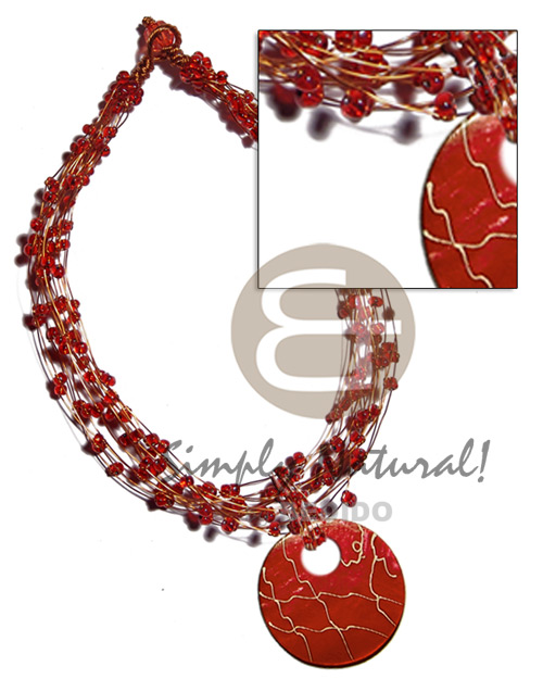 13 rows copper wire choker  red glass beads & 60mm round kabibe in red shell pendant  webbing design - Bright & Vivid Color Necklace