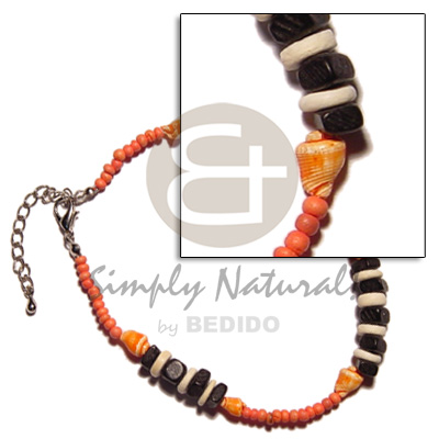 2-3mm coco Pokalet. orange  orange nassa shell/bleached coco Pokalet/black square cut coco combination - Coco Anklets