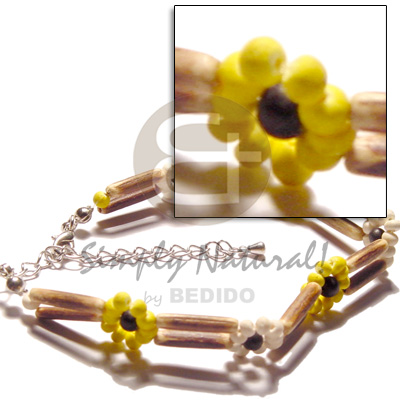 2 rows sig-id wood tube  yellobleach white  2-3mm coco pokalet flower - Coco Anklets