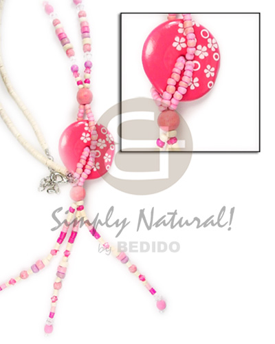 pink 3 tassle  disc shaped  wood painted floral pink, 2-3 mm coco bleach - Coco Necklace