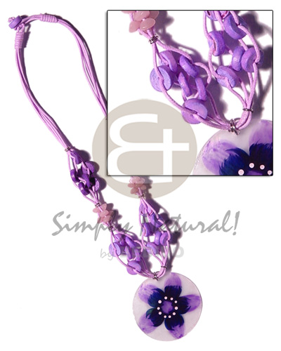 4 layer knotted lilac cord  coco pokalet & buri accent and 40mm  handpainted round capiz pendant - Coco Necklace
