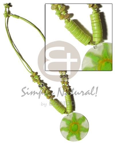 2 layer knotted lime green cord  buri & coco pokalet accent  and 40mm  handpainted round capiz pendant - Coco Necklace