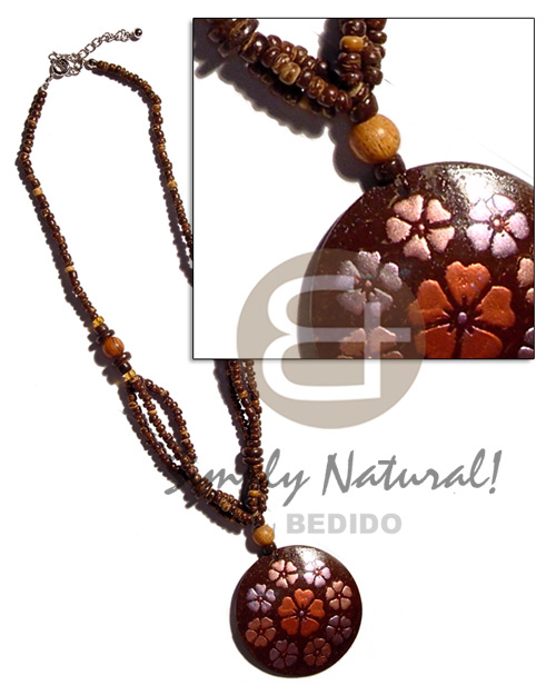 2-3mm nat. brown coco Pokalet  wood bead and round handpainted 40mm coco pendant - Coco Necklace