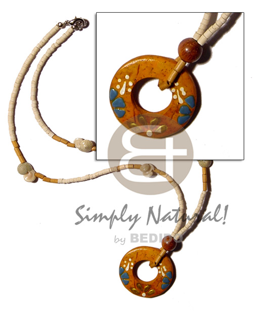 2-3mm coco heishe bleach  bonium shell, wood beads combination & 35mm round ing coco handpainted pendant - Coco Necklace