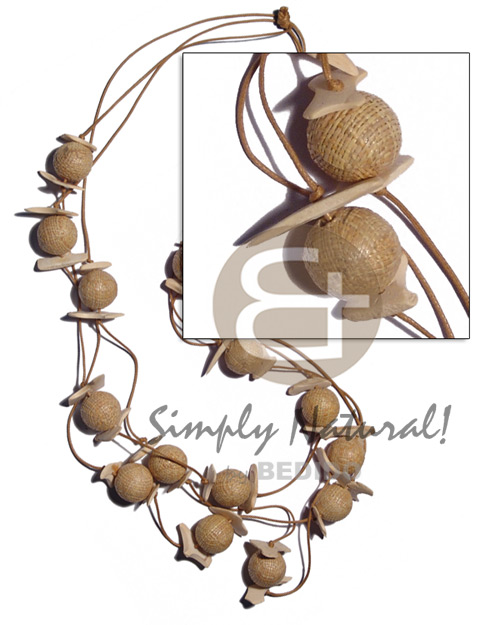 3 layers graduated wax cord 36in./ 34in/30in w / coco chips & round abaca wrapped 20mm wood beads - Coco Necklace