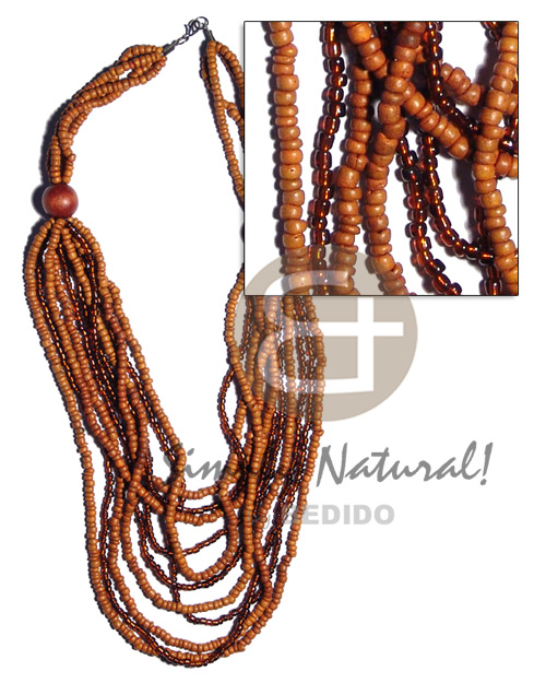4 rows  graduated multilayered  4-5mm coco Pokalet beads  4 rows 4mm glass beads and  20mm round wood beads accent / mustard-brown tones / 30 in - Coco Necklace