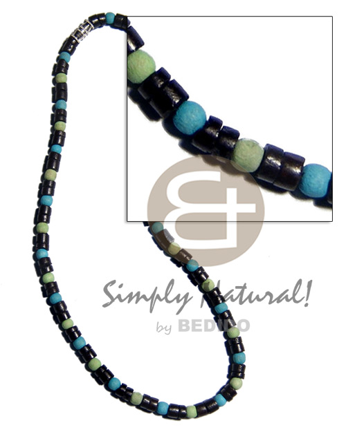 7-8mm black coco heishe  dyed round nat. wood beads in aqua blue and mint green combination - Coco Necklace