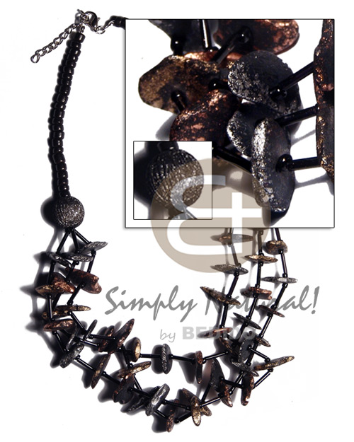 graduated 3 layers 4-5mm coco Pokalet & cut beads  black coco chips in 2 metallic splashing tones - bronze & silver - Coco Necklace
