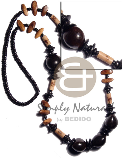 brown kukui nuts  bamboo tube  burning, robles wood slidecut  & 4-5mm coco Pokalet. black combination / 32 in - Coco Necklace