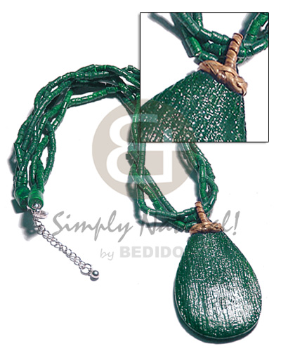 3 rows painted green intertwined 2-3mm coco heishe  matching 65mmmx40mm textured wood teardrop pendant  nito holder / 16in - Coco Necklace