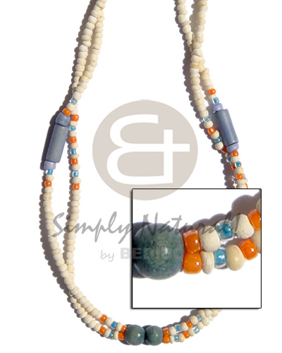2-3mm 2 rows coco bleached white Pokalet blue wood tube and balls/glass beads alt - Coco Necklace