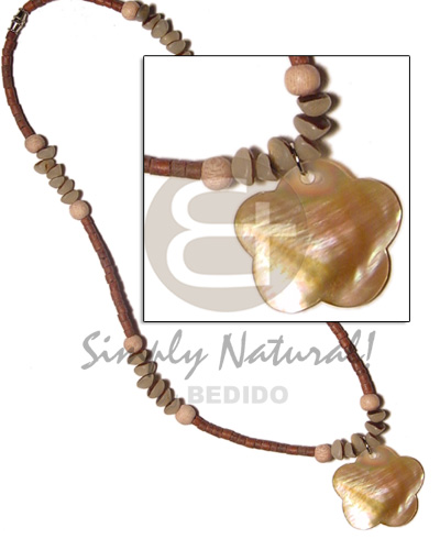 2-3 coco heishe dark tan  rosewood beads, buri nuggets and 35mm scallop brownlip pendant - Coco Necklace