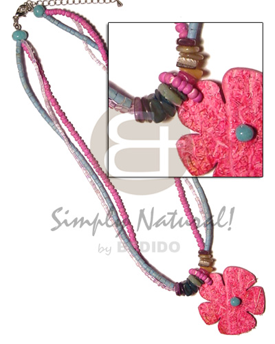 3 rows aqua blue 2-3 coco hse, 2-3mm pink coco Pokalet. /glass beads  coco pink flower pend./multicolored hammershell - Coco Necklace