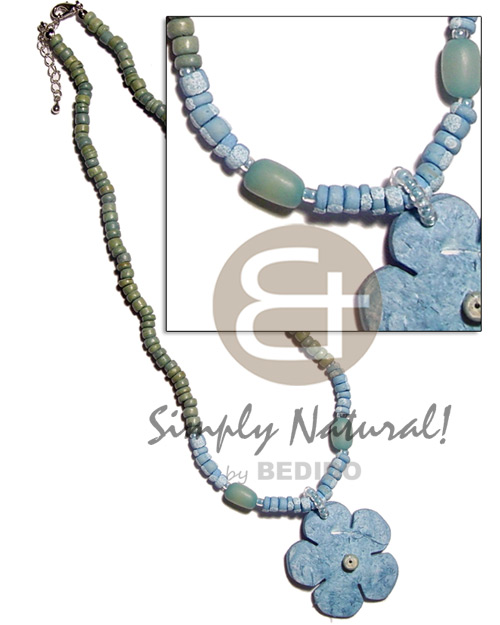 aqua blue 4-5mm coco Pokalet. splashing  matching coco flower  buri tube, green 4-5 coco Pokalet. - Coco Necklace