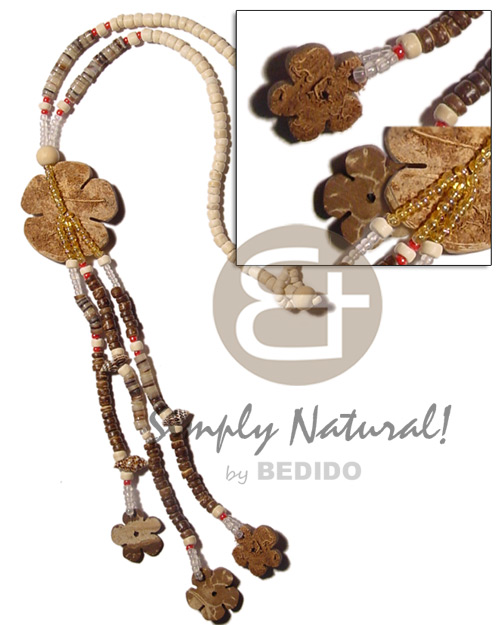 4-5mm coco Pokalet. bleach/hammershell heishe nat.  tassles and coco flowers - Coco Necklace