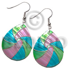 dangling 35mmx30mm teardrop kabibe shell, multicolored, handpainted, embellished  embossed metallic gold line accent - Embossed Art Deco Earrings