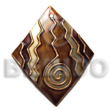 handpainted and colored diamond 48mmx40mm kabibe shell pendant embellished  elevated /embossed metallic paint accent lines / brown and gold tones - Embossed Art Deco Pendants