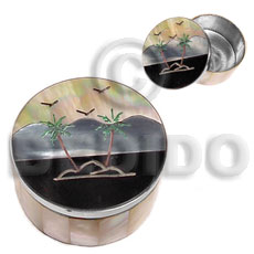 stainless metal round  shell casing  inlaid MOP,blacktab & other shells/island tree design - Gifts & Home Table Decor Set