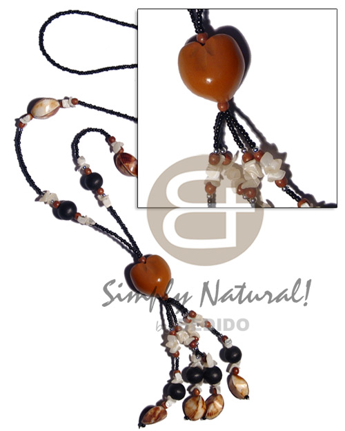 tassled black glass beads  kukui/shell chips/cacol shells/wood beads combination / 20 in. - Glass Beads Necklace