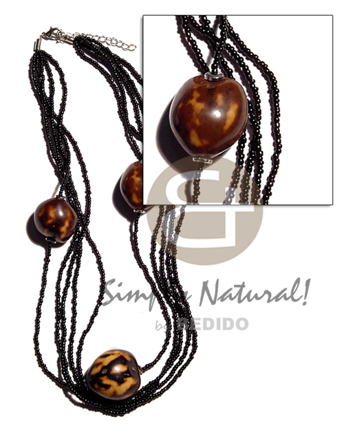 brown tiger kukui nuts in 5 rows multilayered black glass beads - Graduated Necklace