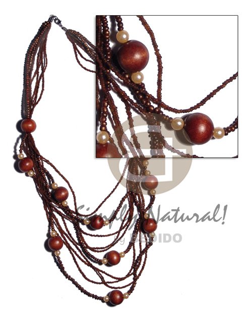 7 rows graduated multilayered fine dark brown glass beads and 3 rows 2-3mm  golden brown coco Pokalet  20mm round wood beads/pearl accent / 32 in - Graduated Necklace