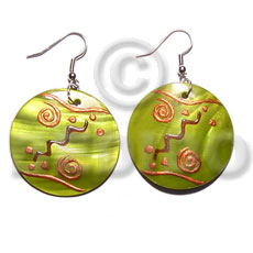 dangling round 35mm kabibe shell in green color  embossed handpainted design - Hand Painted Earrings
