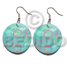 dangling 35mm round kabibe shell in aqua blue / handpainted - Hand Painted Earrings