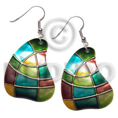 dangling handpainted and colored round 40mm kabibe shell pendant embellished  elevated /embossed metallic paint accent lines / cathedral tones - Hand Painted Earrings