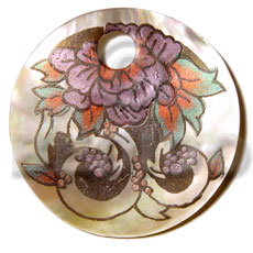 round 40mm MOP  7mm hole / handpainted design - floral/embossed hand painted using japanese materials in the form of maki-e art a traditional japanese form of hand painting - Hand Painted Pendants