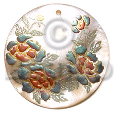 round 40mm hammershell  handpainted design - floral/embossed hand painted using japanese materials in the form of maki-e art a traditional japanese form of hand painting - Hand Painted Pendants