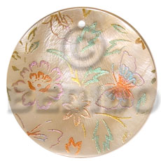 round 40mm hammershell  handpainted design - floral/embossed hand painted using japanese materials in the form of maki-e art a traditional japanese form of hand painting - Hand Painted Pendants