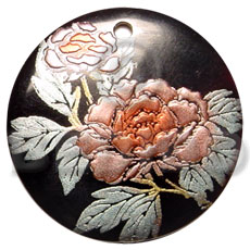 round 40mm black tab  handpainted design - floral/embossed hand painted using japanese materials in the form of maki-e art a traditional japanese form of hand painting - Hand Painted Pendants