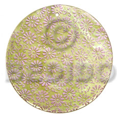 round 40mm light green hammershell  handpainted design - floral/embossed hand painted using japanese materials in the form of maki-e art a traditional japanese form of hand painting - Hand Painted Pendants