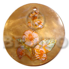 round 40mm brownlip  handpainted design - floral/embossed hand painted using japanese materials in the form of maki-e art a traditional japanese form of hand painting - Hand Painted Pendants