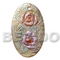 oval 35mm  hammershell  handpainted design - floral/embossed hand painted using japanese materials in the form of maki-e art a traditional japanese form of hand painting - Hand Painted Pendants