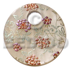 round 40mm  hammershell  12mm hole / handpainted design - floral/embossed hand painted using japanese materials in the form of maki-e art a traditional japanese form of hand painting - Hand Painted Pendants