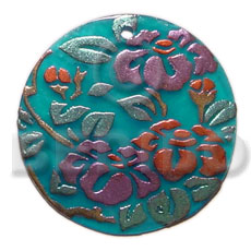 round 40mm  yellow hammershell / handpainted design - floral/embossed hand painted using japanese materials in the form of maki-e art a traditional japanese form of hand painting - Hand Painted Pendants