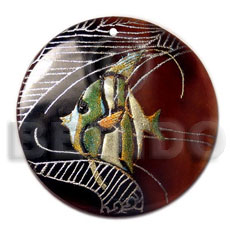 round 40mm blacktab  handpainted design - fish / embossed hand painted using japanese materials in the form of maki-e art a traditional japanese form of hand painting - Hand Painted Pendants